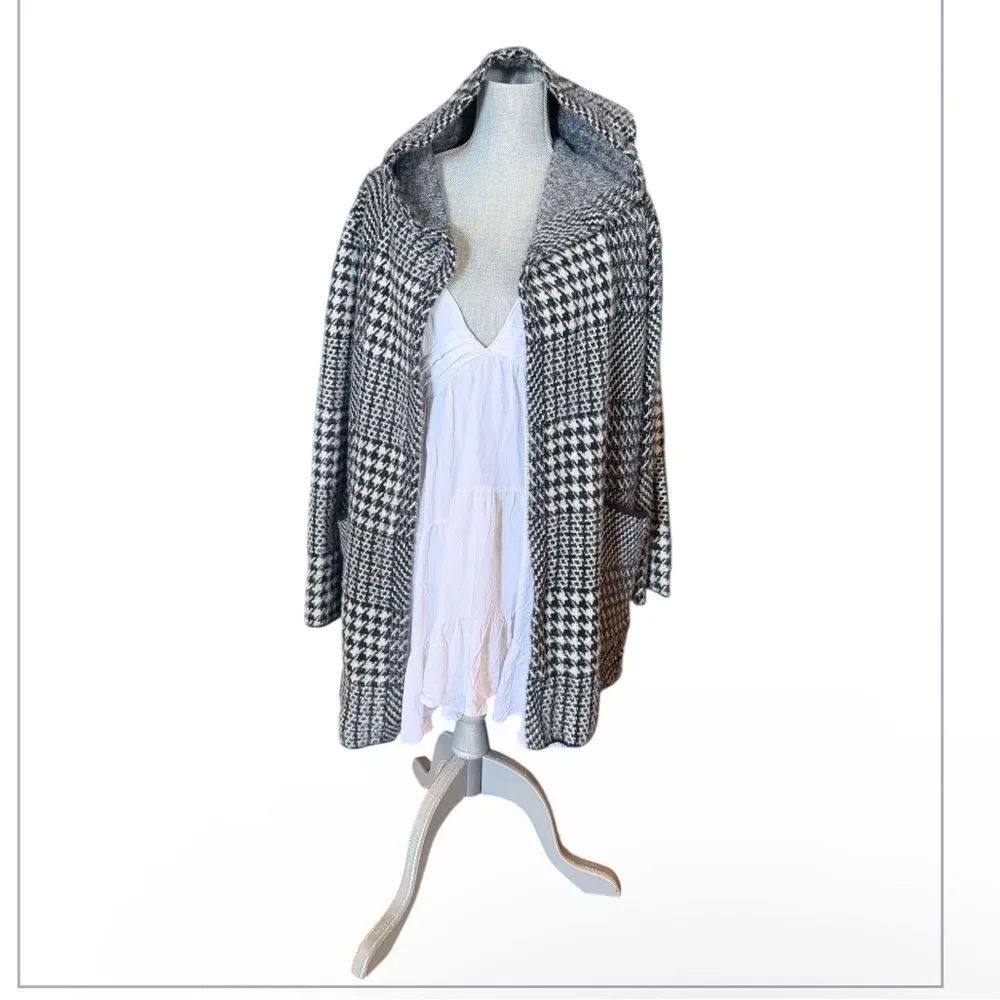 Houndstooth Hooded Knit Cardigan Sweater - Gray L (6022A)